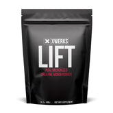 Xwerks Lift creatine powder jar label shows 5 g per scoop for steady workout energy.