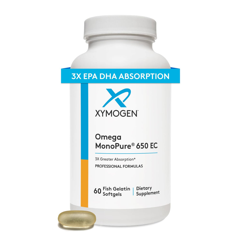 XYMOGEN Omega MonoPure 650 EC bottle front showing compact, easy-to-swallow softgels