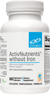 XYMOGEN ActivNutrients Without Iron bottle with capsules for daily wellness.