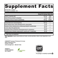 Xymogen Adrenaliv label closeup featuring active ingredients and dosage.