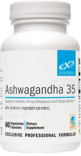 XYMOGEN Ashwagandha 35 bottle on countertop signaling premium stress support.