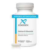 XYMOGEN Calcium D-Glucarate bottle label shows 500 mg calcium salt form for daily detox support.