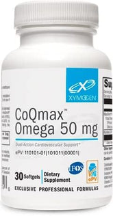 XYMOGEN CoQmax Omega bottle displaying 50 mg CoQ10 and omega-3 blend for heart support.