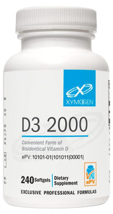 XYMOGEN D3 2000 softgel bottle supports immune health and bone health.