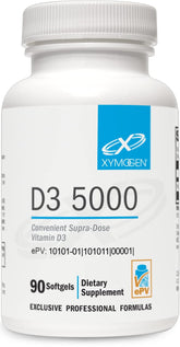XYMOGEN D3 5000 softgel bottle close-up for daily vitamin D intake