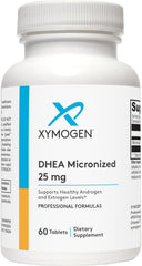 XYMOGEN DHEA 25 mg tablet bottle front view showing compact supplement for hormone balance.