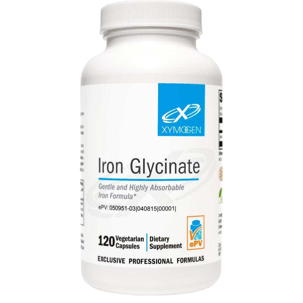 XYMOGEN Iron Glycinate bottle front showing a high-absorption supplement for daily support
