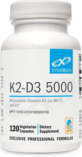Xymogen K2-D3 5000 bottle front; may support bone health with bioavailable D3 and MK-7.