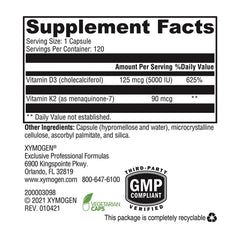 Xymogen K2-D3 5000 bottle label; premium vitamin D3 MK-7 blend for daily wellness.