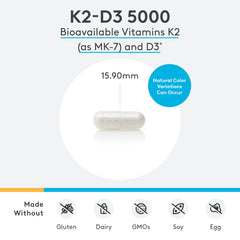 Xymogen K2-D3 5000 capsules closeup; easy-to-swallow capsules for everyday vitamin D integration.