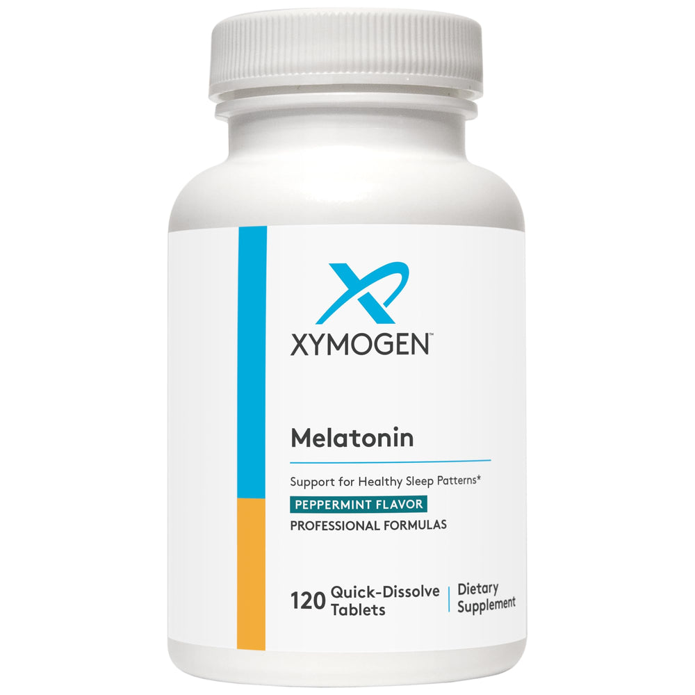 XYMOGEN Melatonin peppermint lozenges bottle shown for nightly rest convenience.