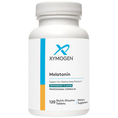 XYMOGEN Melatonin peppermint lozenges bottle shown for nightly rest convenience.