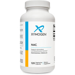Xymogen NAC 600mg bottle on a shelf for convenient antioxidant support.