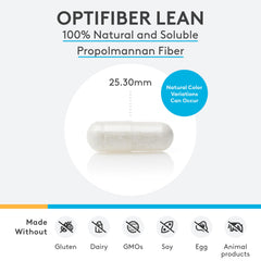 Close-up of OptiFiber Lean capsules highlighting soluble fiber for satiety.
