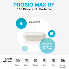 ProbioMax Daily 100B capsules close-up highlight DRcaps and acid-resistant design.