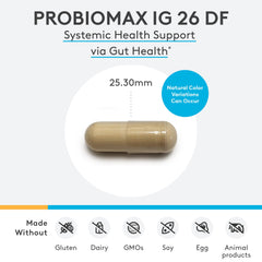 XYMOGEN ProbioMax IG 26 capsules closeup emphasizing LactoSpore and IgY Max ingredients