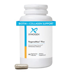 XYMOGEN RegeneMax Plus bottle close-up showing collagen support for skin