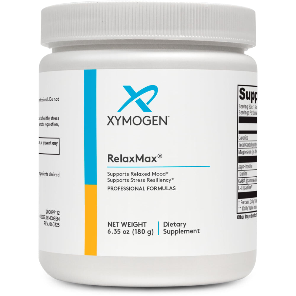 XYMOGEN RelaxMax powder tub front showing magnesium malate blend for calm mood.