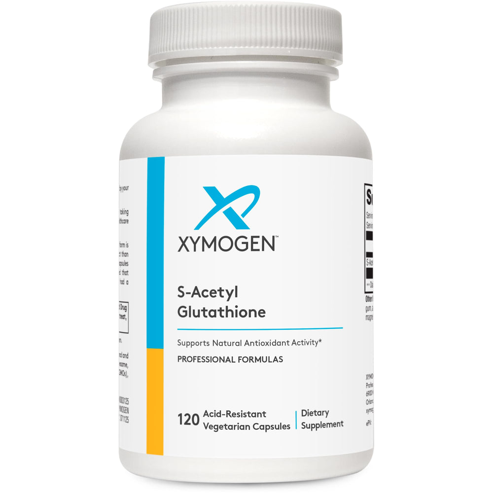 XYMOGEN S-Acetyl Glutathione bottle label highlights stable antioxidant support.