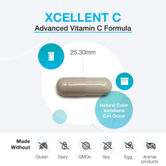 XYMOGEN Xcellent C bottle label emphasizing minerals buffering stomach upset.