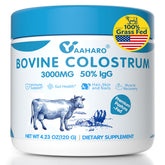 YAAHARO colostrum powder bottle with label highlighting grass-fed source for gut support.