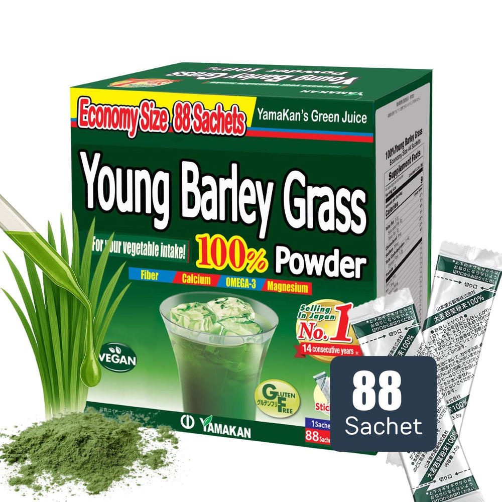 Yamakan Young Barley Grass Powder bottle with vibrant greens for daily wellness