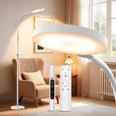 Yarah Light Therapy Lamp on the floor delivering 11,000 lux for daytime energy.