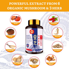 Yasumako Japanese Reishi Complex label close-up highlighting 9-in-1 blend.