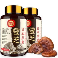 Yasumako Reishi bottle front view highlighting vegan organic formula for immune support