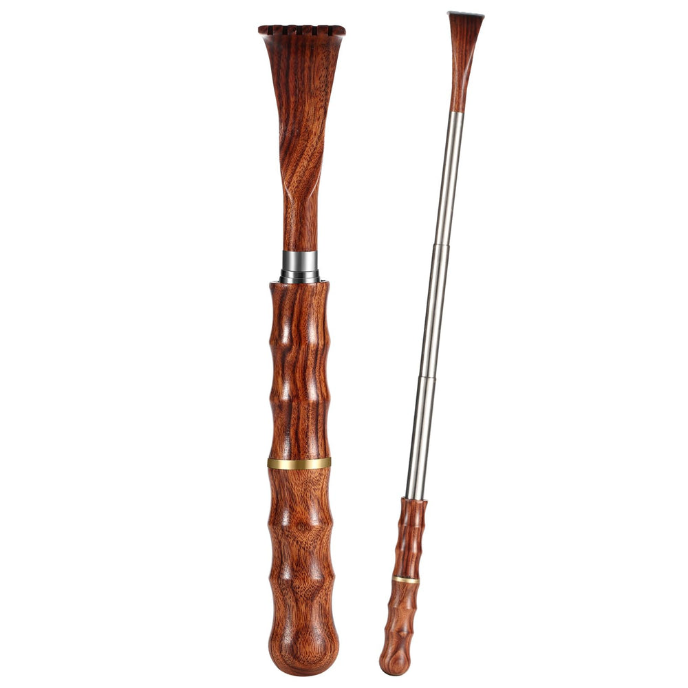 Yeasing extendable back scratcher with wooden handle for easy reach.