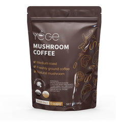 YEGE Mushroom Coffee pack shot shows premium blend for balanced morning energy.