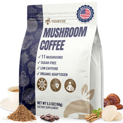 YEKBYOE Mushroom Coffee box front showcasing organic blend for steady energy.