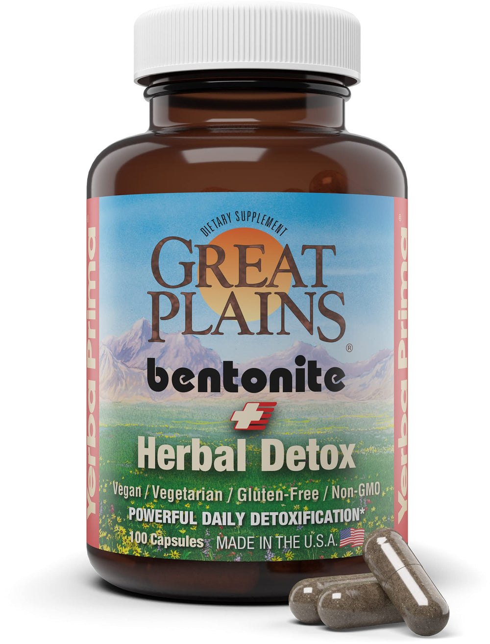 Yerba Prima Bentonite Capsules bottle, convenient detox option for daily use.