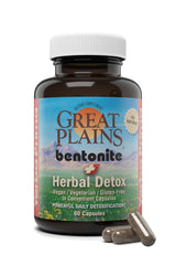 Yerba Prima Bentonite Clay Plus Herbal Detox bottle front view showing label and capsules for cleansing support.