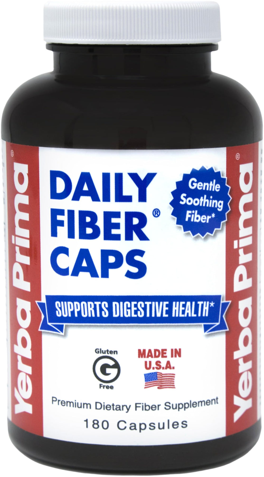 Yerba Prima Daily Fiber Caps bottle front view, showcasing the product name and clean packaging