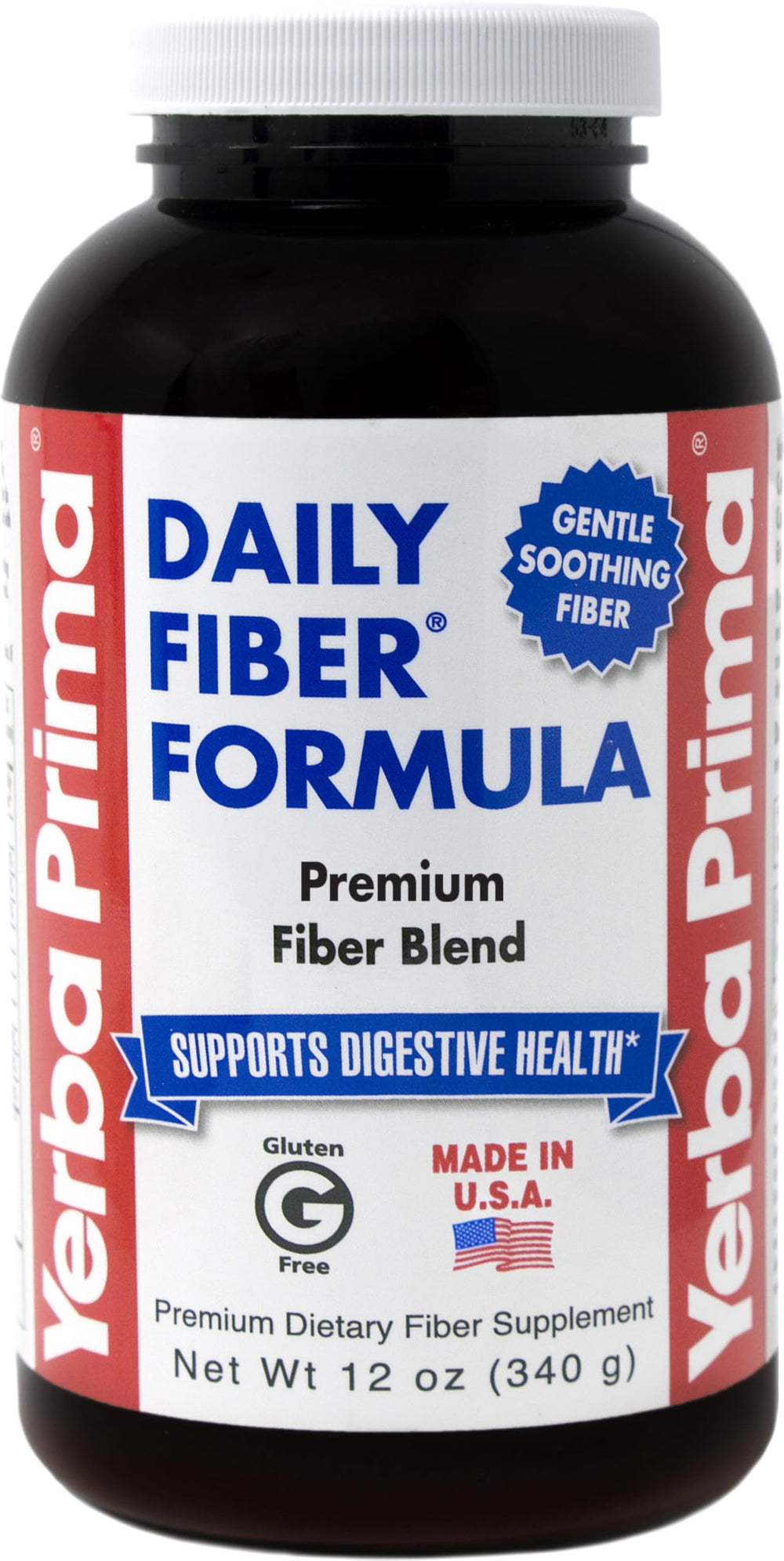 Yerba Prima Daily Fiber Formula powder packaging supports daily digestive health.
