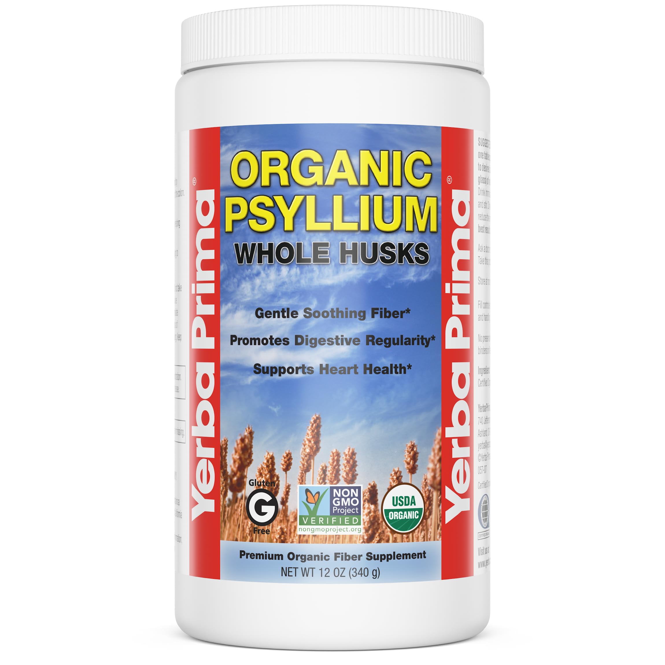 Yerba Prima psyllium husk bottle highlighting natural fiber for daily regularity.