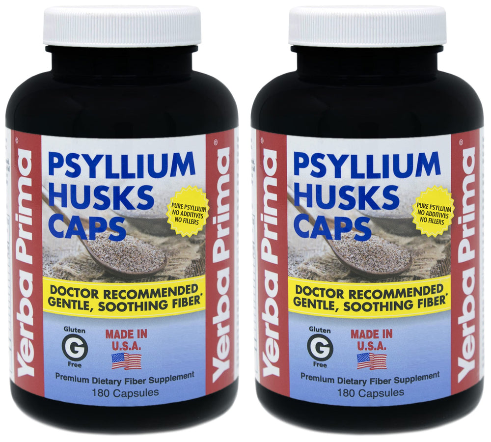 Yerba Prima Psyllium Husk Caps bottle in a 2-pack, promoting easy regularity.