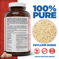 Close-up of Yerba Prima capsules highlighting 625 mg psyllium for bulk fiber.