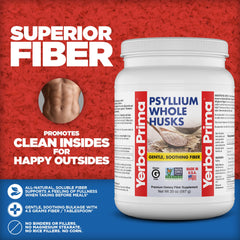 Yerba Prima psyllium husk poured into a glass for mix-ready hydration.