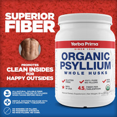 Yerba Prima psyllium husk scoop highlights convenient measuring for fiber routines