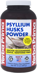 Yerba Prima psyllium husks powder container shows pure daily fiber.