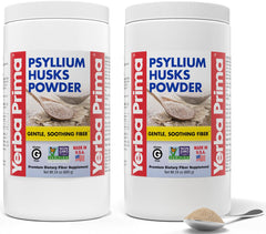 Yerba Prima psyllium powder bottle on a counter supporting daily fiber intake and easy mixing.