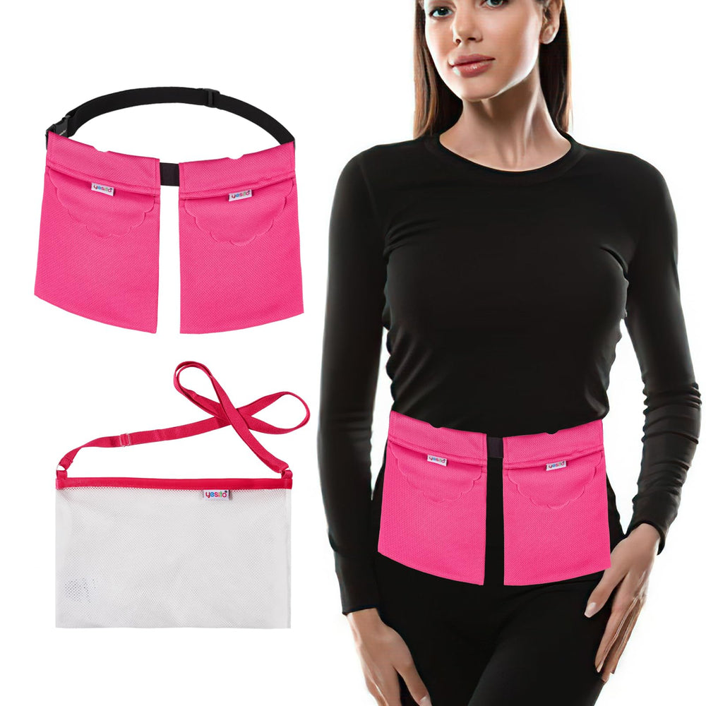 Yesito mastectomy drainage pouch pink front view with dual pockets for secure bottle storage