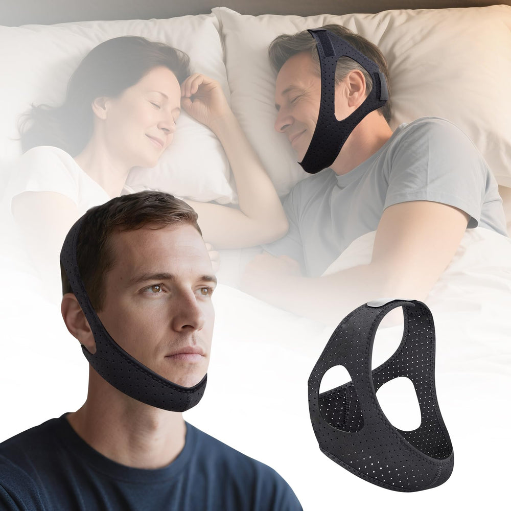 YeyHaiza anti-snoring chin strap front view shows breathable neoprene for comfortable sleep.