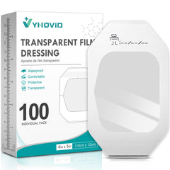 YHOVID packaging for the 100-pack transparent film dressing enabling bulk wound care.