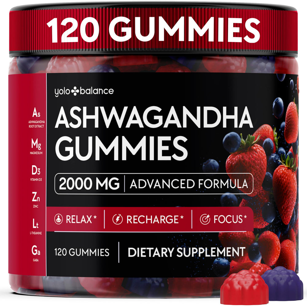 YOLOBALANCE Ashwagandha Gummies bottle front showing vegan sugar-free balance support.