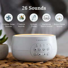 YOGASLEEP Dreamcenter sleep timer options displayed for 45m, 90m, 8h