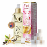 Yoni Rescue oil bottle pour showcased for easy daily application and hydration.