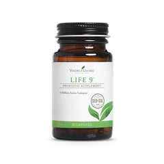 Young Living Life9 probiotic bottle showing 17 billion cultures for digestive balance.